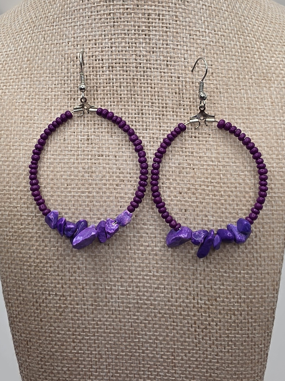 Purple Beaded Stone Hoop Earrings with Stone Accents - Women Jewelry